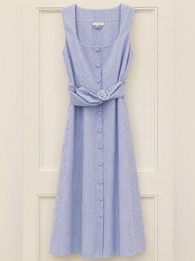 Light Blue Striped Sleeveless Button-Front Dress with Waist Tie